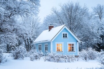 A small, pale blue house with white trim stands alone in the snowy landscape of a winter wonderland.