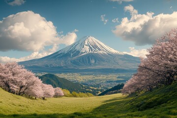 Obraz premium Majestic Mount Fuji Surrounded by Beautiful Cherry Blossoms