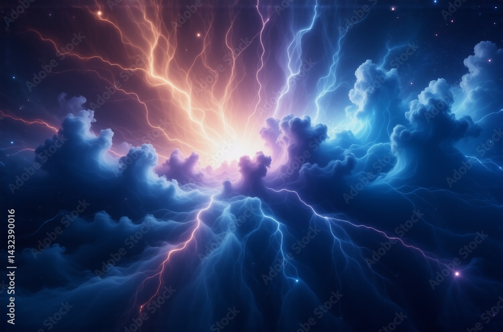 Poster a vibrant cosmic scene depicting swirling clouds illuminated by intense, branching lightning in shad
