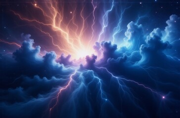 A vibrant cosmic scene depicting swirling clouds illuminated by intense, branching lightning in shades of orange and blue.  Stars twinkle in the background.