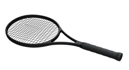 A black tennis racket with black strings and a black handle on a white background surface view