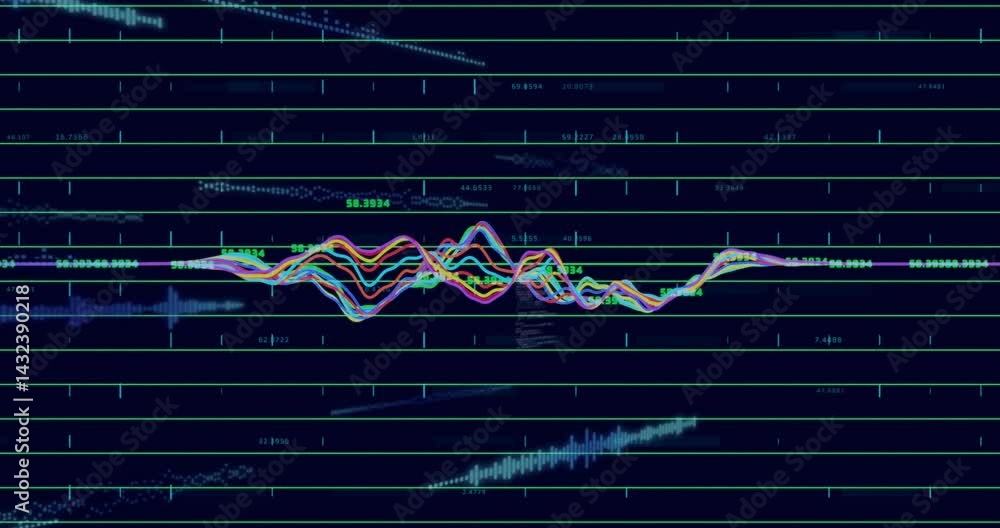 Poster multicolored waveform lines flowing across 3d render screen with neon grid lines and numeric labels