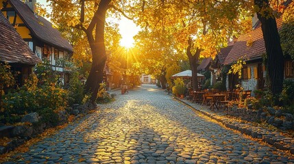Autumnal Cobblestone Street in a Charming Village