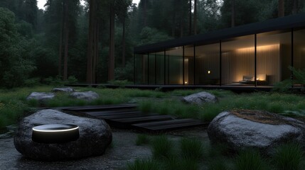 Modern house nestled in a forest