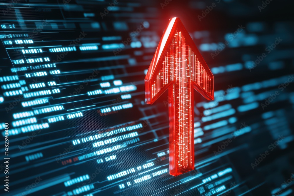Poster futuristic red arrow against digital background with code elements