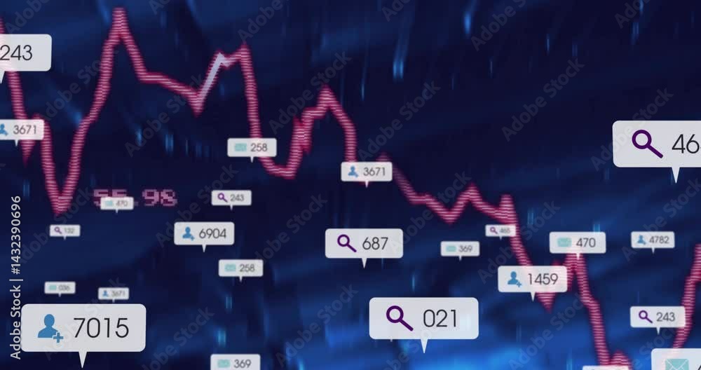 Poster red fluctuating line graph flowing across dashboard, highlighting floating data callouts with icons