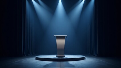 Podium illuminated by spotlights on a stage with curtains creating a moody atmosphere