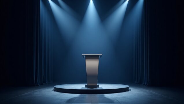 Podium illuminated by spotlights on a stage with curtains creating a moody atmosphere