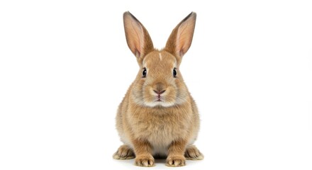 Obraz premium A light brown rabbit sitting upright with its ears perked on a white background looking forward