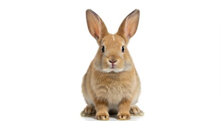 Obraz premium A light brown rabbit with long ears sitting upright on a white background looking at the camera