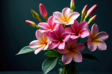 A Delicate Bouquet of Pink and Yellow Flowers in a Glass Vase, Displayed Against a Dark Background, Showcasing the Beauty of Nature's Blossoms