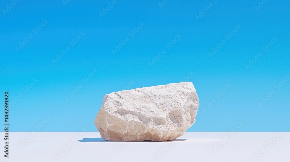 Poster a minimalist image showcasing a single rock against a clear blue sky, emphasizing simplicity and tra
