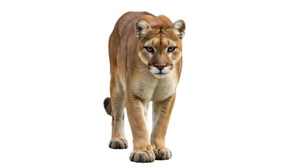 Obraz premium A cougar standing on a white background looking forward with a focused and determined expression on its face