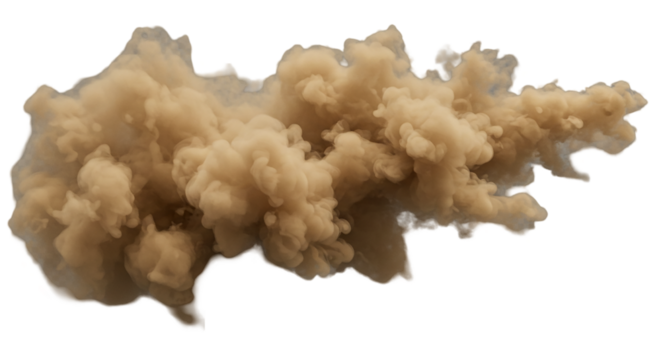 A large cloud of brown dust or smoke billowing and spreading across a black background isolated shot