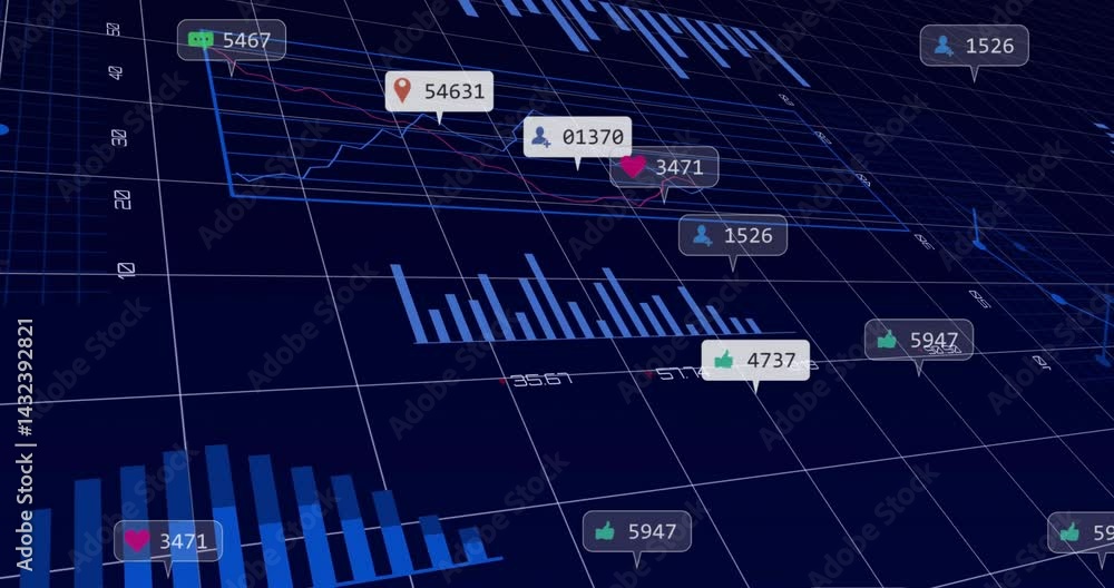 Poster digital data visualization scene showing 3d charts trending on grid and floating social labels