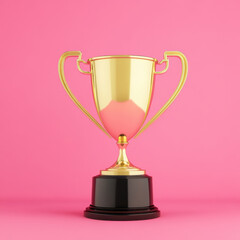 Fototapeta premium shiny golden trophy stands proudly on black base against vibrant pink background, symbolizing achievement and success. This elegant design captures essence of victory and celebration