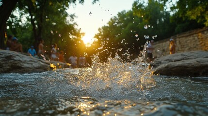 Fototapeta premium Splashing water, sunset, park, people relaxing