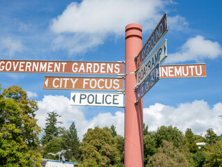 Rotorua tourist direction sign pointing to popular points of interest