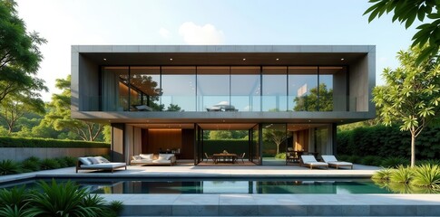 Fototapeta premium Modern architectural design showcasing a luxurious residence with an inviting swimming pool and expansive outdoor space
