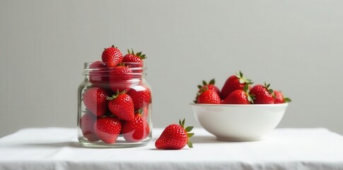 A glass jar brimming with fresh, ripe strawberries sits on a white tablecloth, accompanied by a bowl of additional strawberries; a delightful summer still life.
