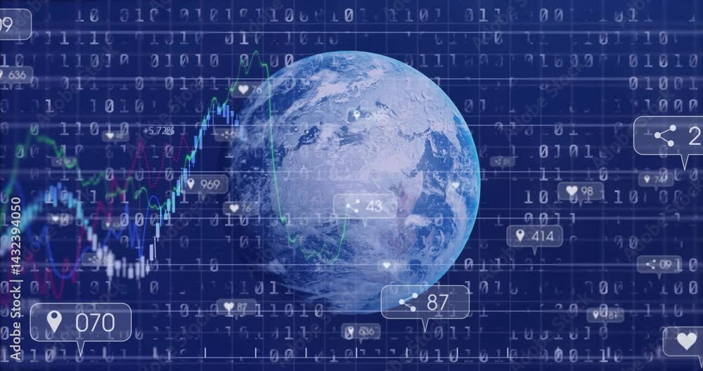 Poster 3d globe rotating over blue grid, showing binary code, line graphs, candlestick bars, share icons