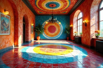 Obraz premium Vibrant Hallway with Circular Design Elements, Sunlit Tile Floor, and Artistic Wall Murals Featuring Tropical Plants and a Grand Chandelier