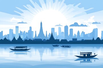 Fototapeta premium Bangkok Cityscape Silhouette, Wat Arun Temple, Chao Phraya River Boats, Sunny Day