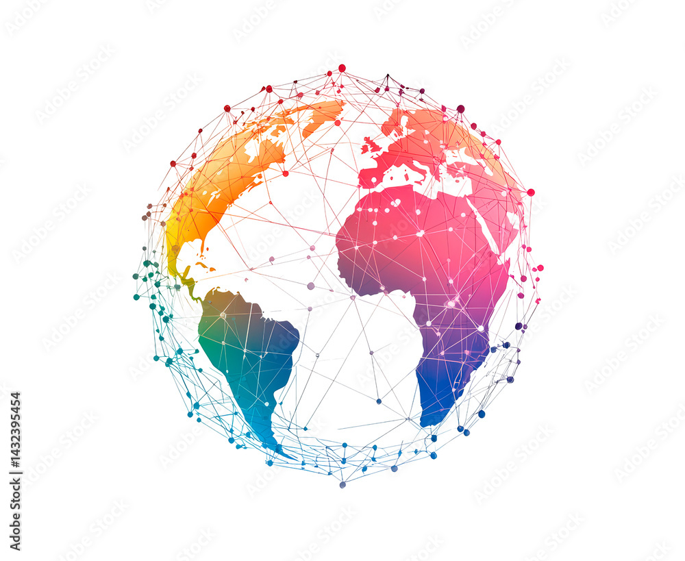 Poster a colorful, stylized globe composed of interconnected lines and nodes isolated on transparent backgr