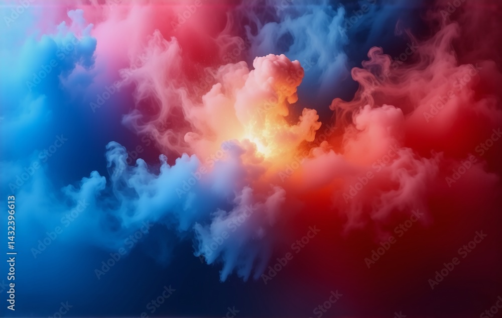 Fototapete A vibrant abstract image depicting swirling clouds of blue and red hues, illuminated from within by a warm, golden light.  The colors blend and contrast, creating a dynamic and energetic atmosphere.