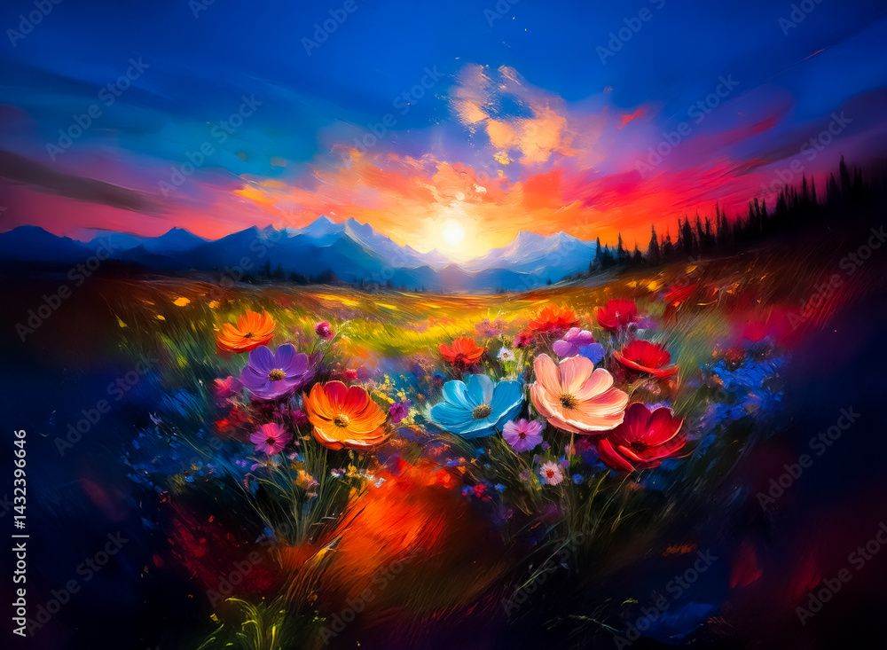 Poster **description:** vivid painting of a colorful floral field bathed in the radiant light of the settin