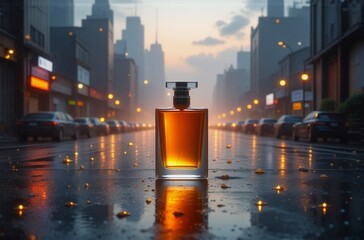 A amber perfume bottle sits on a rain-slicked city street at twilight, reflecting the warm glow of streetlights and distant skyscrapers.  The scene evokes feelings of mystery and sophistication.