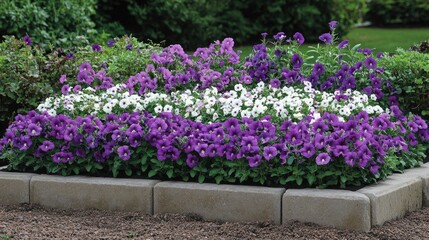 Garden bed packed with vibrant petunias, snapdragons, and pansies in full bloom