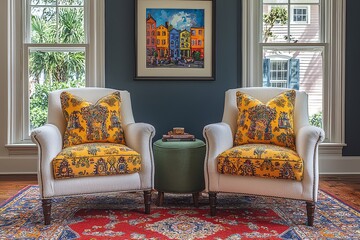 Elegant mid-century modern living room with white chairs, green stool, decorative pillows, framed painting, and red rug.