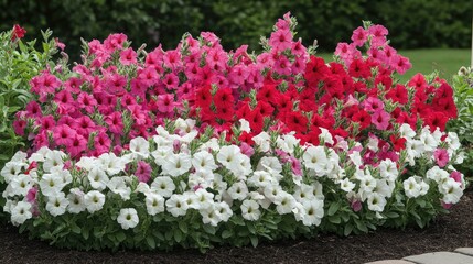 Garden bed packed with vibrant petunias, snapdragons, and pansies in full bloom