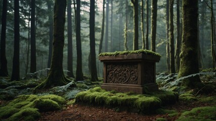 Mysterious moss-covered relic stands silently in the deep verdant and ancient woodland