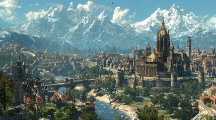 Fototapeta premium Majestic Medieval Cityscape Nestled in a Mountain Valley