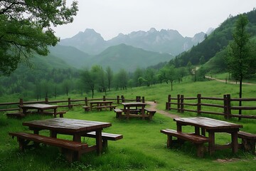 Fototapeta premium Picnic Tables on Grassy Hillside with Mountain Scenery, Fenced in Green Nature Space