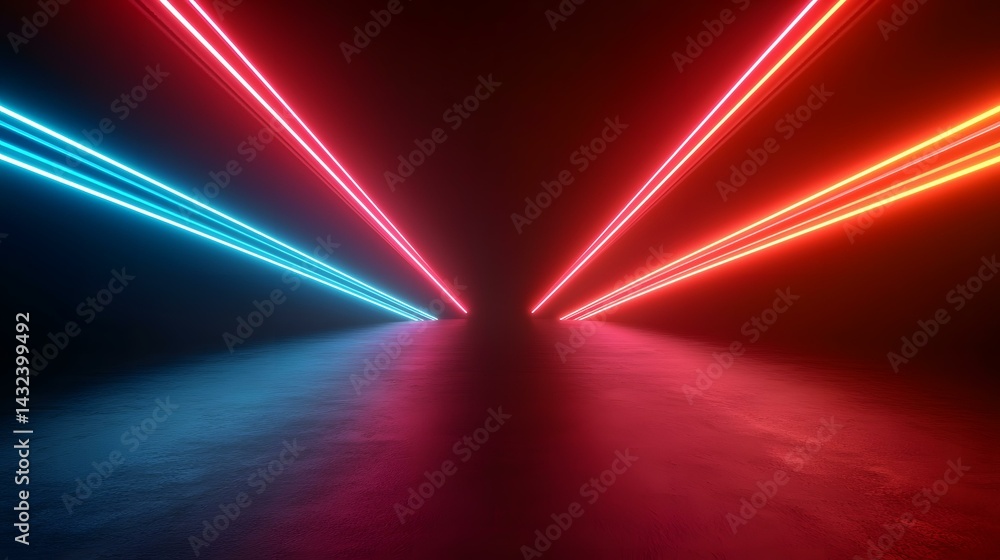 Aufkleber the image contains a dark room with bright neon blue and red lines creating a converging effect on a
