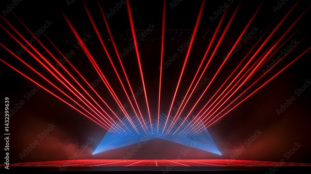 Poster a dark stage is illuminated by a striking display of red and blue laser beams, creating a geometric 