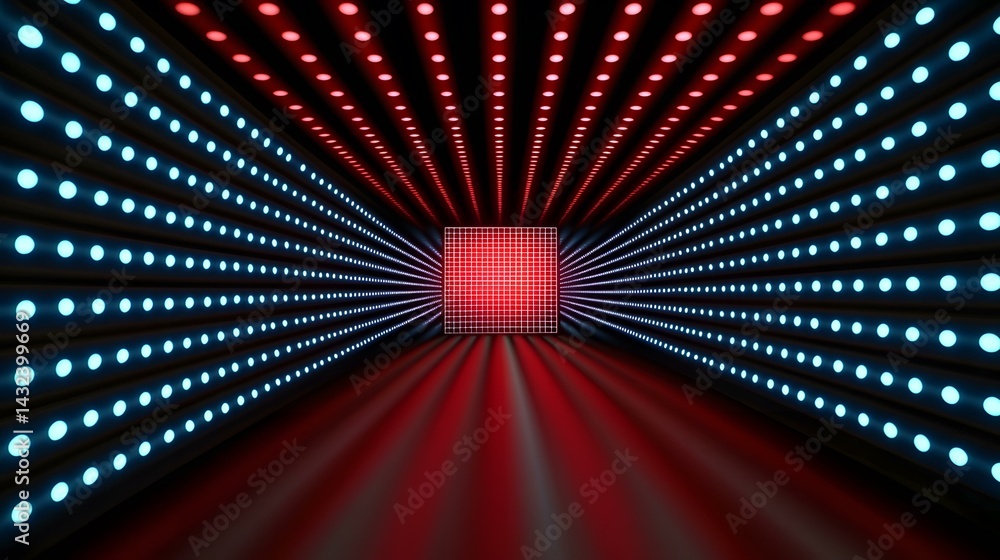 Poster a red and blue led-lit tunnel with a red square screen at the end.