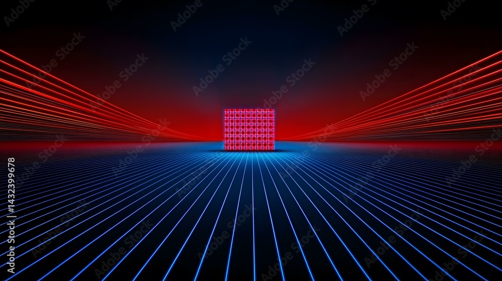 Poster a red glowing cube sits in the center of a dark space, surrounded by converging lines of blue and re