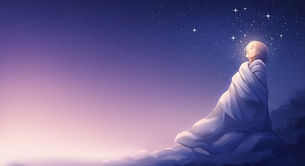 Fototapeta premium Peaceful Anime Figure Wrapped in a Blanket Under a Starry Night