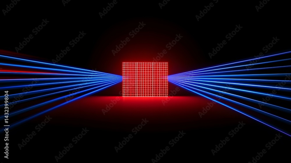 Poster the image shows a red gridded square illuminated in a dark space, with multiple bright blue light st