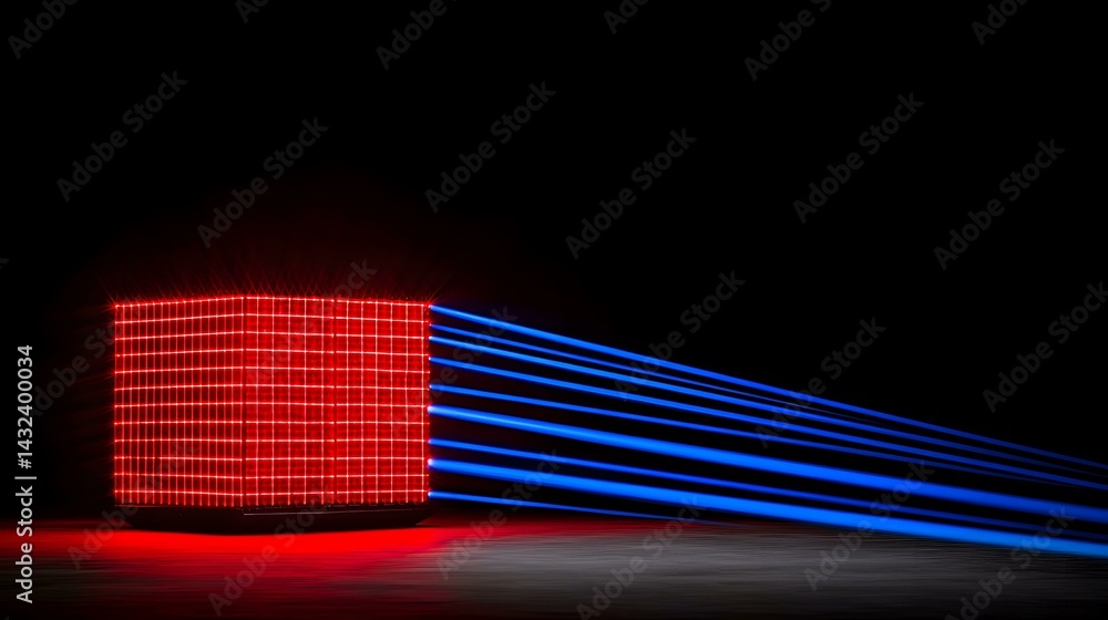 Poster a dark room is illuminated by a red cube-shaped light grid and several diagonal blue light streaks e