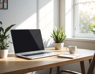 Fototapeta premium Bright Modern Home Office with Laptop and Potted Plants