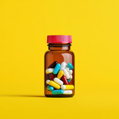 bottle of colorful vitamin tablets sits against bright yellow background, showcasing variety of shapes and colors. This vibrant display evokes sense of health and wellness