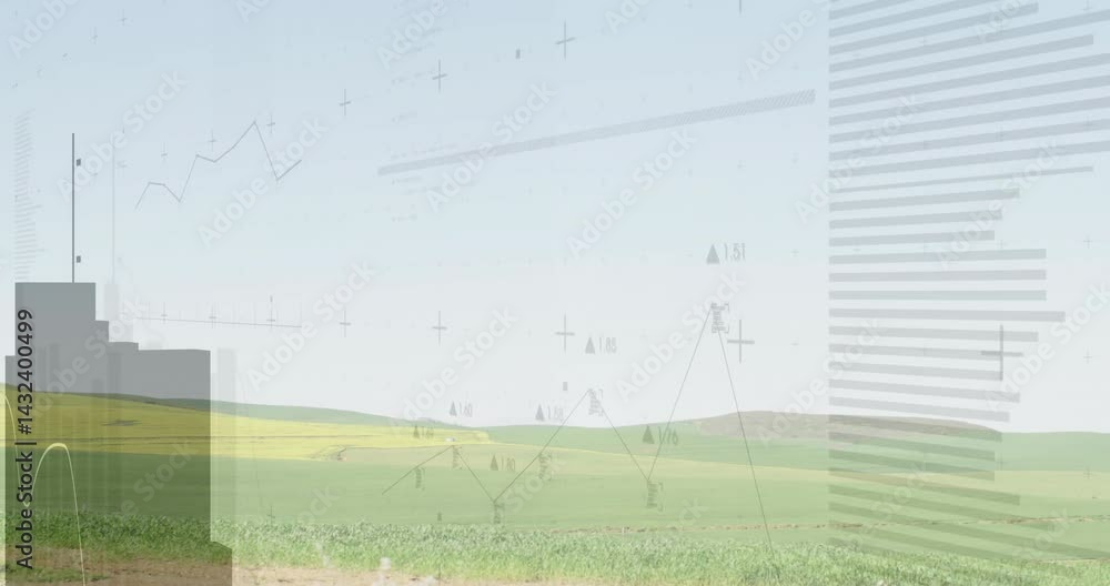 Poster rural green rolling fields being visualized in animated data scene, with semi-transparent charts