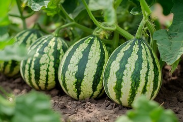 Watermelons Growing in the Field with Green Leaves Closeup, Cultivated Watermelons