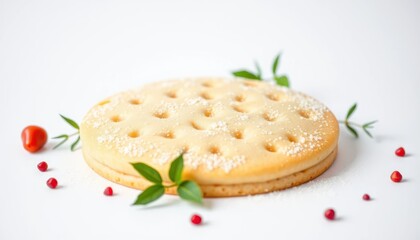 Round, light-colored pastry with sprinkled sugar and green leaves