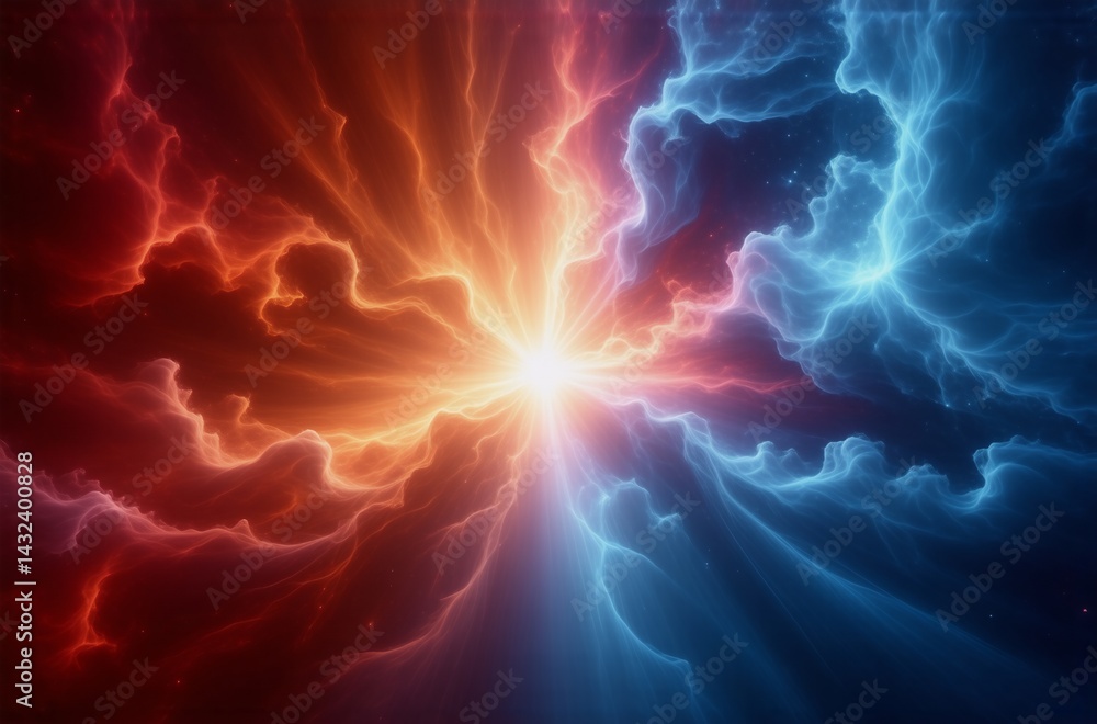 Poster fiery orange and cool blue energy collide in a vibrant, swirling vortex. a bright light bursts from 